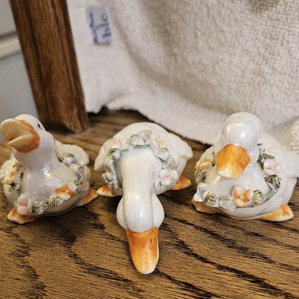 Set Of 3 Ceramic Porclin Ducks